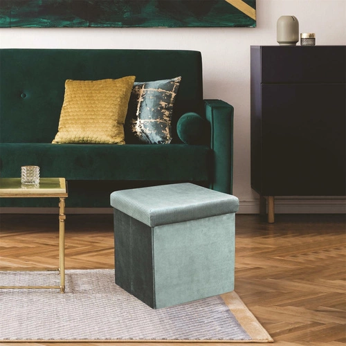 Zelený sametový taburet Intesi Vels Rod se skrytým úložným prostorem, skládací, moderní, 38x38 cm