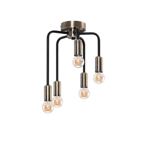 Stropní lustr loftový Saga černý s patinou 5-ramenný do obýváku a jídelny