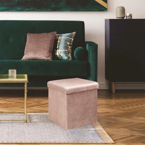 Růžový sametový taburet se schovkou Intesi Vels, glamour, skládací, 38x38 cm, do obýváku
