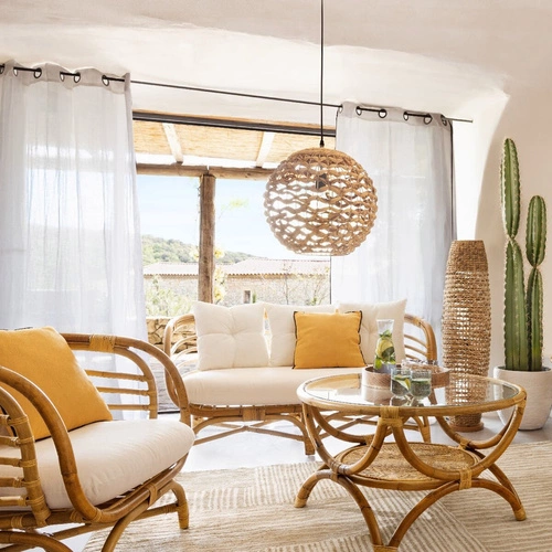 Stojací lampa do obýváku Sand boho dřevěná s papírovým stínidlem Atmosphera