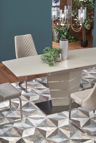 Rozkládací jídelní stůl Retos béžový matný se skleněnou deskou moderní na jedné noze 140-180 cm