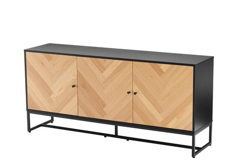 Komoda Clar 160 cm moderní dub a černá s čely v rybí kosti na kovových nohách do obýváku