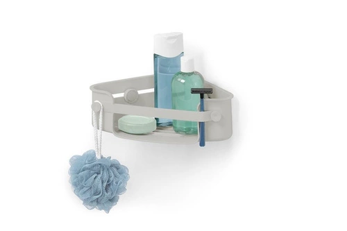 Rohová koupelnová polička do sprchy Umbra Flex šedá s háčky GEL-LOCK bez vrtání