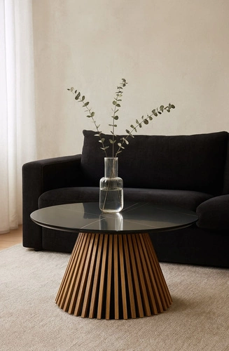 Konferenční stolek Kyoto kulatý 80 cm černý mramor dub moderní do obýváku Intesi