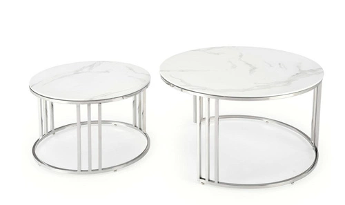 Sada 2 kulatých konferenčních stolků Yasmine skleněných glamour stříbrno-bílých do obýváku