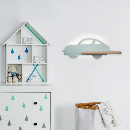 Dětské nástěnné LED svítidlo Car, mátové, dřevěné, klasický dekorativní, 43 cm CANDELLUX