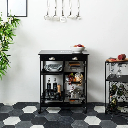 Intesi Troy kovový barový vozík na kolečkách do kuchyně a obýváku, moderní, černý, dvouúrovňový