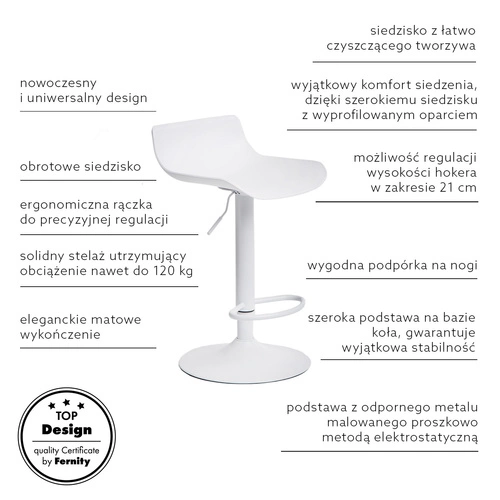 Barová židle s opěrkou Simplet Bar One bílá matná, výškově nastavitelná, otočná, moderní do kuchyně