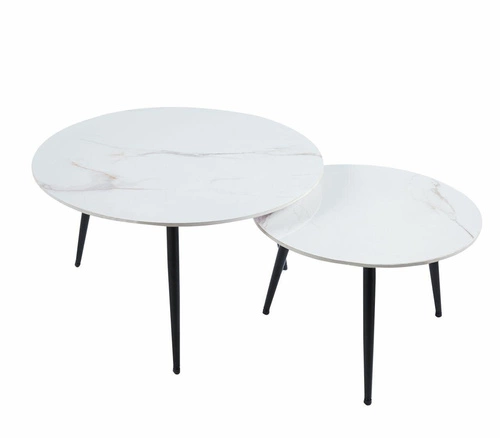 Sada 2 kulatých konferenčních stolků Tifa bílý mramor moderní loft do obýváku 80 a 60 cm
