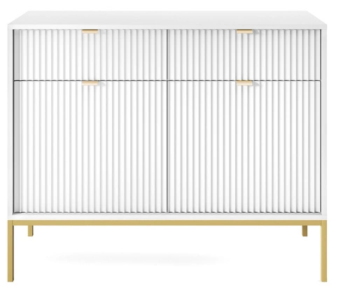 Bílá rýhovaná komoda Delicious se zásuvkami na zlatých nohách 104 cm moderní do obýváku