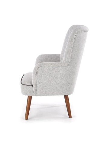 Šedé křeslo ušák Puple do obýváku, skandinávský styl, čalouněné, na dřevěných nohách Intesi