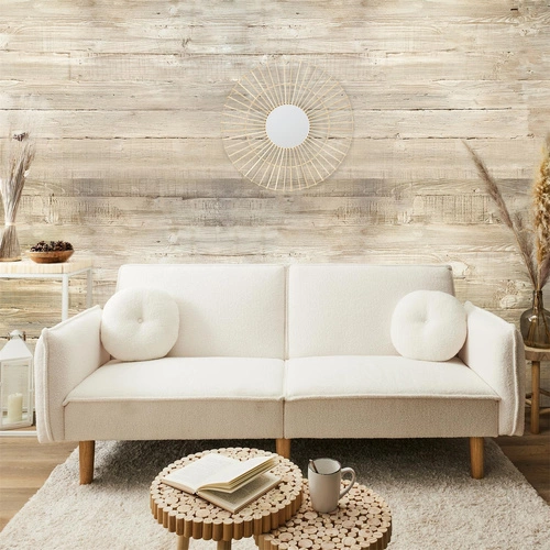 Rozkládací pohovka s funkcí spaní Boghena béžová skandinávská dvoumístná do obýváku na vysokých nožkách