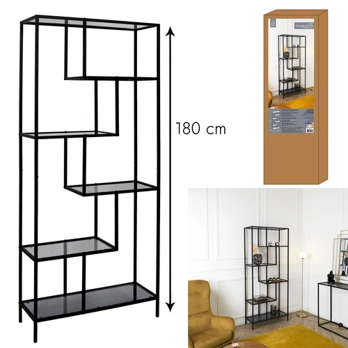 Industriální černá kovová knihovna Edison se skleněnými policemi do obýváku 180 cm