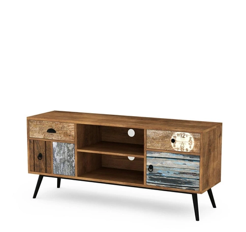 Dřevěný TV stolek Kaliope 120 cm moderní hnědý stojací do obýváku se zásuvkami