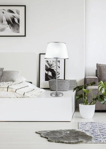 Stolní lampa Ibis stříbrná klasická s látkovým stínidlem do ložnice a obýváku se stmívačem