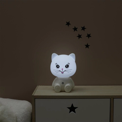 Dětská LED noční lampička kočka Intesi bílá s nastavitelným světlem a USB portem
