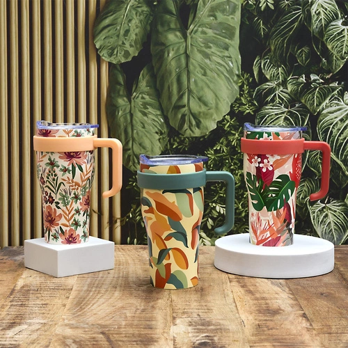 Termo hrnek Mini Miami Floral 600 ml zelený s kovovým uchem na kávu a čaj Intesi