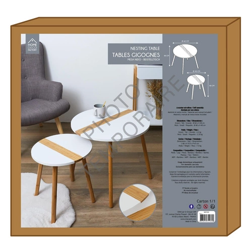 Sada 2 kulatých konferenčních stolků Paraiba bílý dřevěný skandinávský do obýváku 2v1