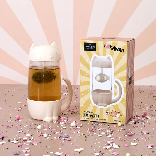 Skleněný hrnek Kawaii s filtrem kočička s rybičkou 300ml na čaj Intesi moderní