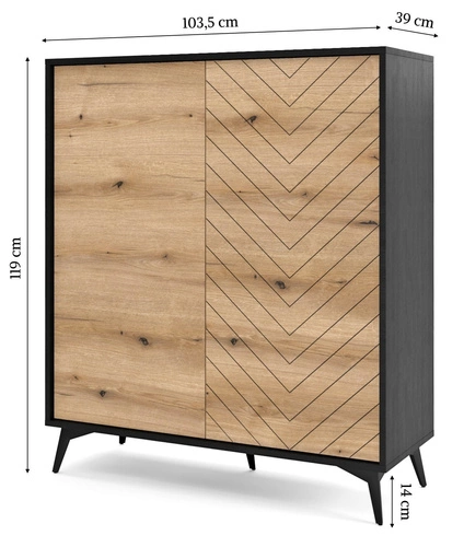 Vysoká loftová komoda Fargo v rybí kost, moderní komoda do obýváku na nožkách 104 cm