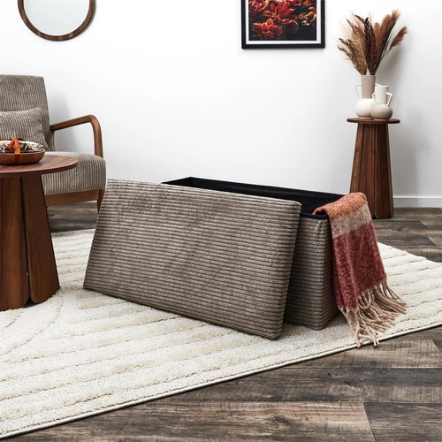 Šedý skládací taburet Medford z manšestru s úložným prostorem do předsíně a ložnice 76 cm