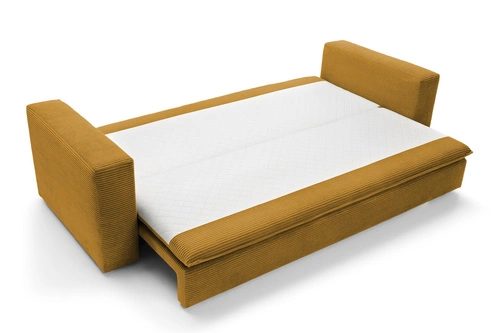 Rozkládací pohovka Ulnes 3-místná žlutá manšestrová do obýváku s úložným prostorem na spaní