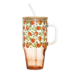 Skleněný hrnek s víčkem a brčkem Soleo 650 ml rustikální oranžový na nápoje Intesi