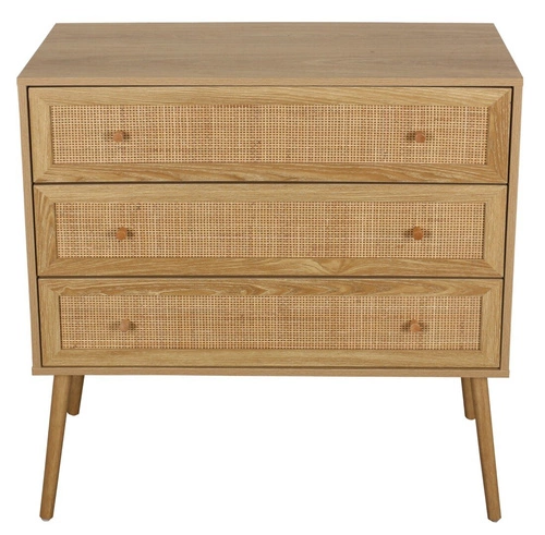 Komoda Ballo 3 zásuvky boho z ratanu a dřeva, komoda do obýváku a ložnice na nožkách