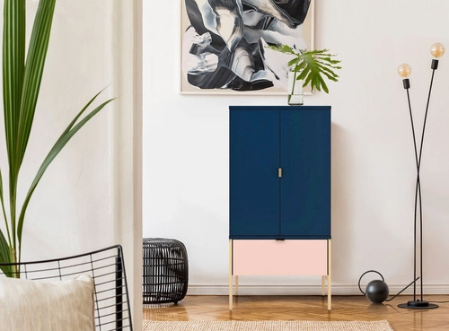 Vysoká glamour komoda se zásuvkou a skříňkami Polka Navy Blue/Pink 120 cm do obýváku SKANDICA