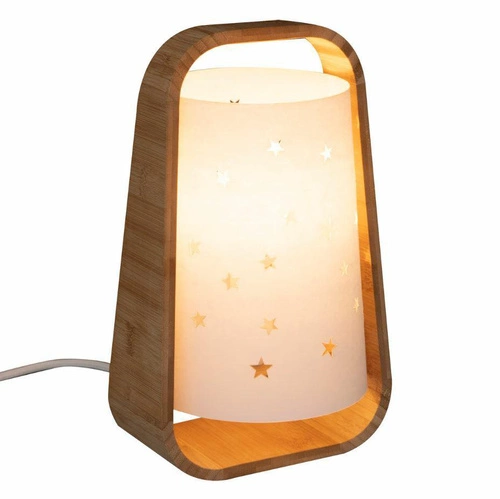 Noční lampa Cut Star bílá boho s bambusovou základnou a papírovým stínidlem do ložnice 27 cm