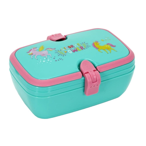 Dětský svačinový box Jednorožec Intesi – modrá plastová uzavíratelná krabička do školy 16,5 cm