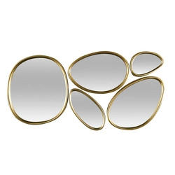Sada 5 oválných dekorativních zrcadel Organic Shape ve zlatém rámu do obýváku Intesi