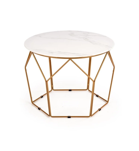 Konferenční stolek Safakis kulatý skleněný bílý mramor zlatý moderní glamour do obýváku 60 cm