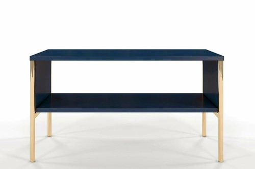 Dřevěný obdélníkový konferenční stolek modrý se zlatými nohami s policí do obývacího pokoje SKANDICA