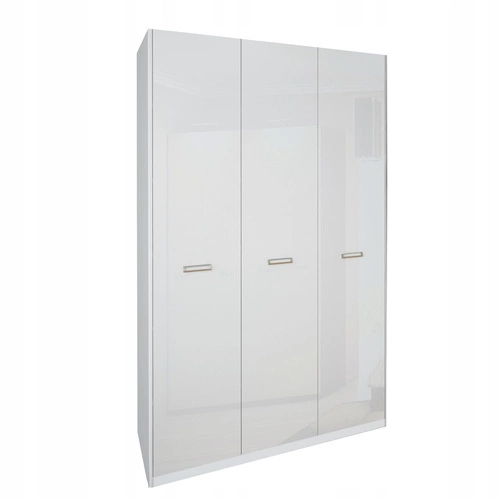 Třídveřová šatní skříň Bella bílý lesk moderní s policemi a tyčí do ložnice