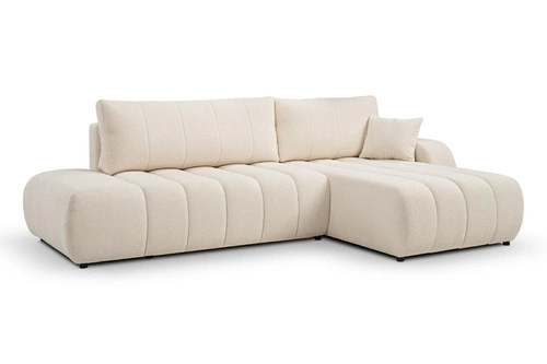 Moderní rohová rozkládací sedačka Hobro pravá béžová do obýváku s úložným prostorem