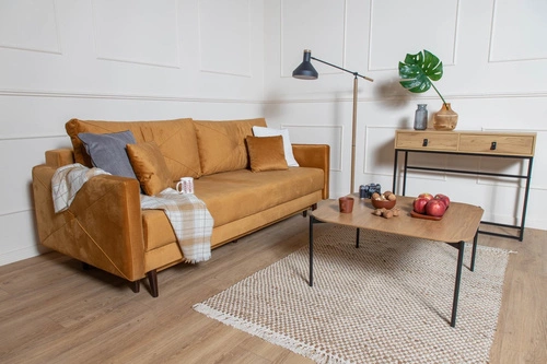 Rozkládací pohovka se spací funkcí Saxo dvoumístná do obýváku moderní žlutá s úložným prostorem