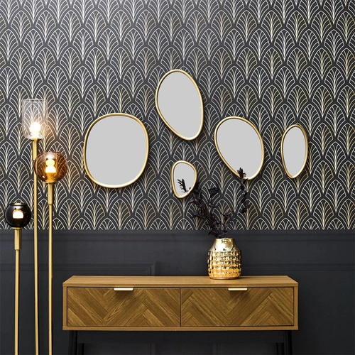 Sada 5 oválných dekorativních zrcadel Organic Shape ve zlatém rámu do obýváku Intesi