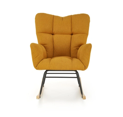 Houpací křeslo Caipola hořčicové do obýváku skandinávské čalouněné s područkami