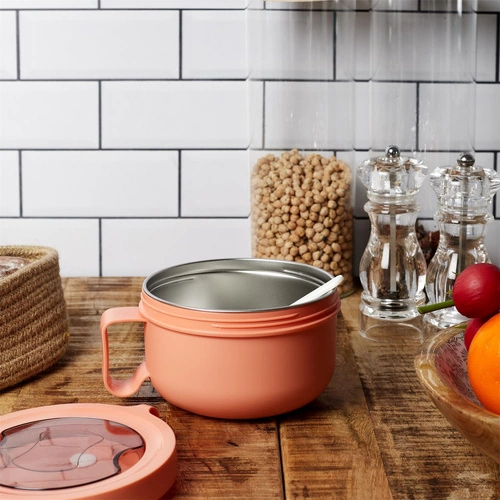 Intesi kulatý oranžový lunchbox s kovovým vnitřkem a vidličkou do práce nebo školy