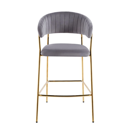 Barová židle Glamour sametová šedá na zlatých nohách s opěrkou a područkami do kuchyně 65 cm Intesi