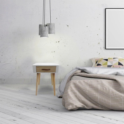 Bílý noční stolek se zásuvkou 35 cm skandinávský dřevo Intesi Enano do ložnice