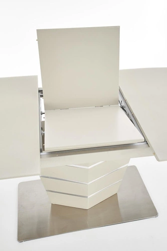 Rozkládací jídelní stůl Retos béžový matný se skleněnou deskou moderní na jedné noze 140-180 cm