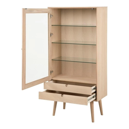 Moderní vitrína na knihy se zásuvkami Century bělený dub sklo do obýváku 143 cm Actona