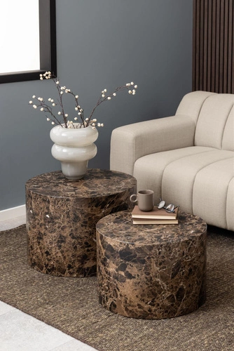 Sada 2 kulatých konferenčních stolků Dice mramorově hnědých moderních do obýváku 2v1