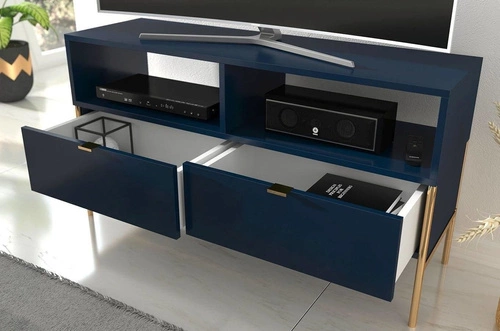 Modrá dřevěná TV komoda glamour Polka 120 cm na zlatých nohách do obýváku SKANDICA