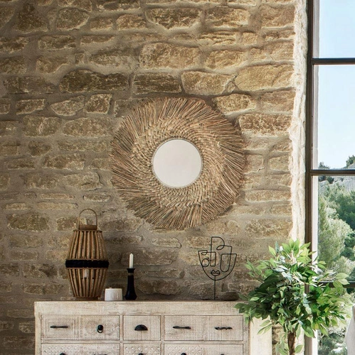 Závěsné kulaté zrcadlo boho Ael 80 cm z přírodní třtiny do obývacího pokoje Atmosphera
