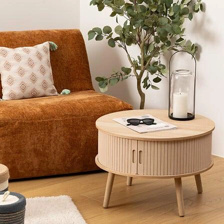 Kulatý konferenční stolek Nysos Atmosphera dřevěný skandinávský s policí do obýváku 60 cm