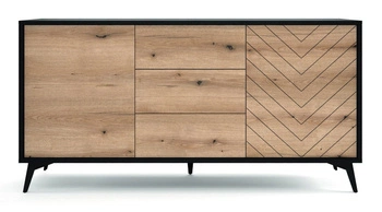 Komoda Fargo 154 cm moderní s zásuvkami na nožkách do obýváku dub a černá Intesi