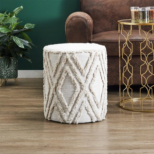 Béžový kulatý taburet Mirage čalouněný v boho stylu do obýváku a ložnice 41 cm